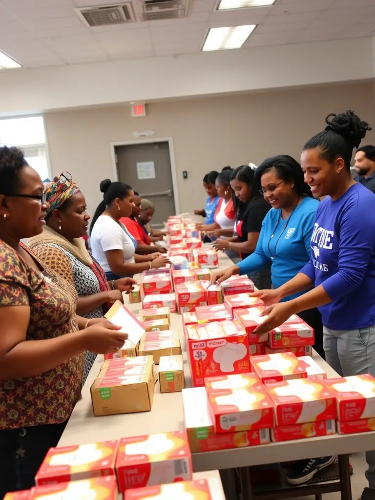 An image showcasing menstrual products being distributed to community members, emphasizing the program's importance.