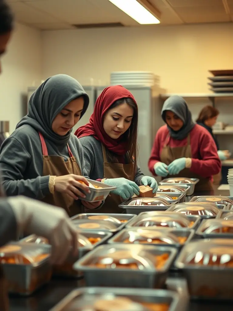 A heartwarming image of Khwahish Foundation volunteers carefully packing and preparing hot meals in a clean, organized kitchen, ready for delivery to families in need in Grande Prairie.