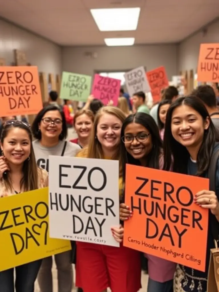 A group of people participating in a Zero Hunger Day event, holding signs and collecting food donations.