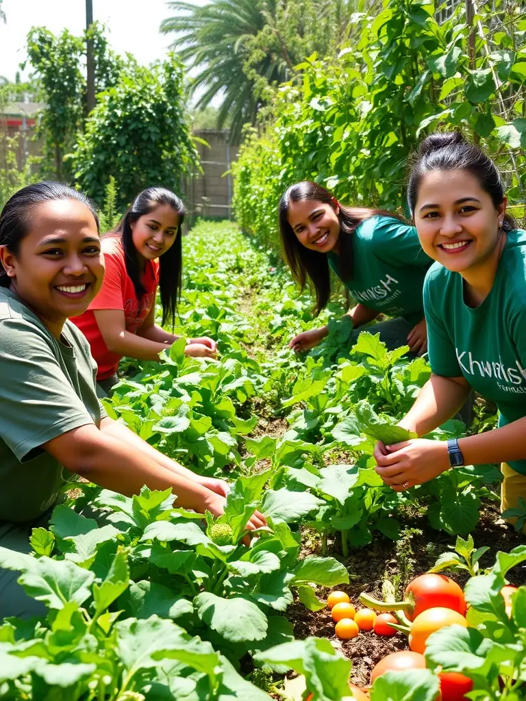 A photograph of Khwahish Foundation volunteers working in a community garden, harvesting fresh vegetables to be used in the hot meal delivery program, emphasizing sustainability and local sourcing in Grande Prairie.