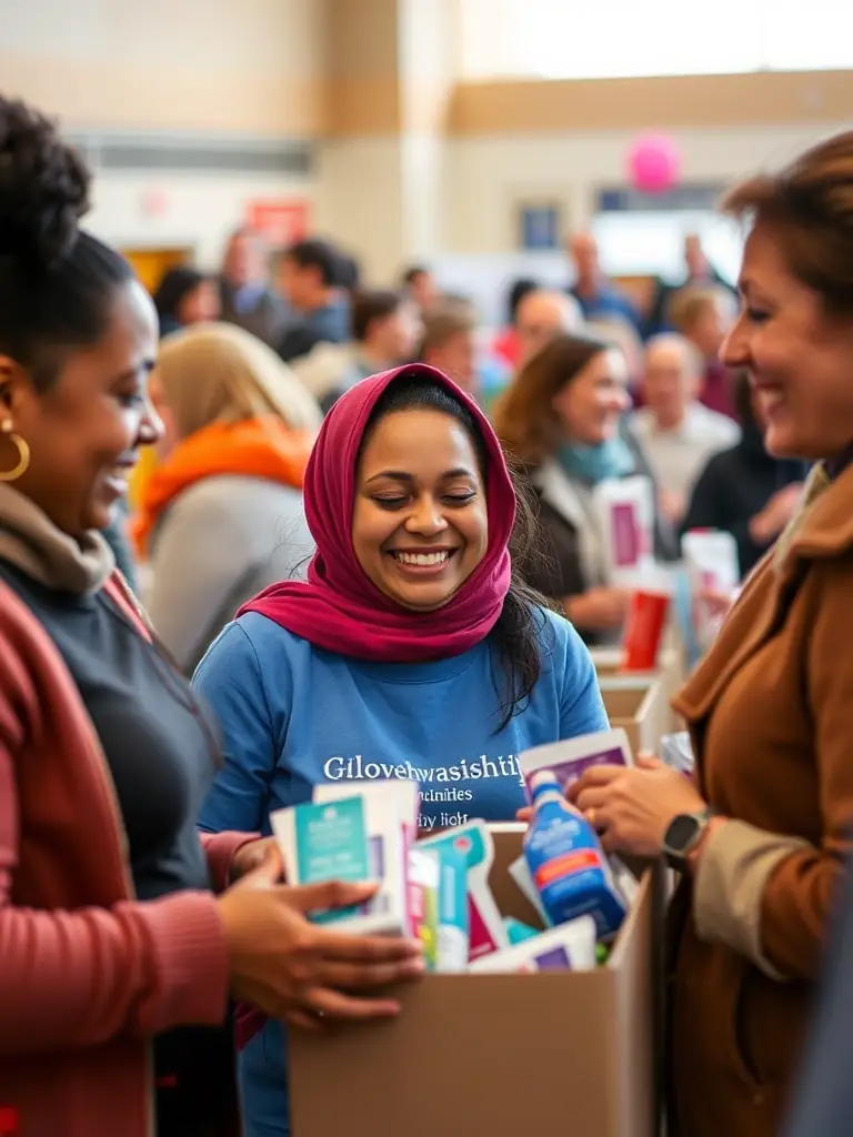 A photograph capturing the joy and relief on the faces of community members as they receive menstrual products from Khwahish Foundation volunteers at a distribution event in Grande Prairie.