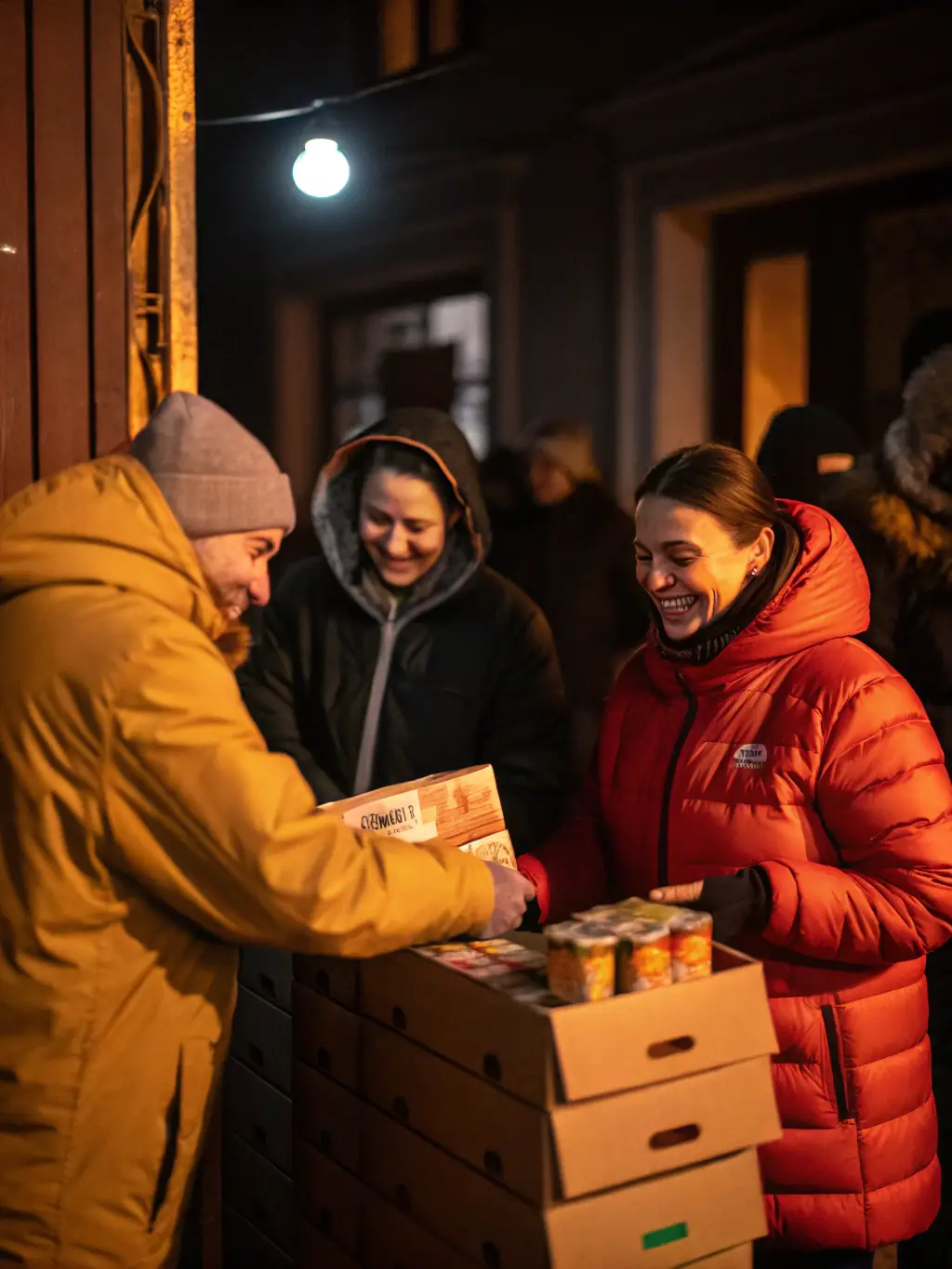 Image of volunteers packing food hampers with fresh produce and non-perishable items for distribution to families in need.