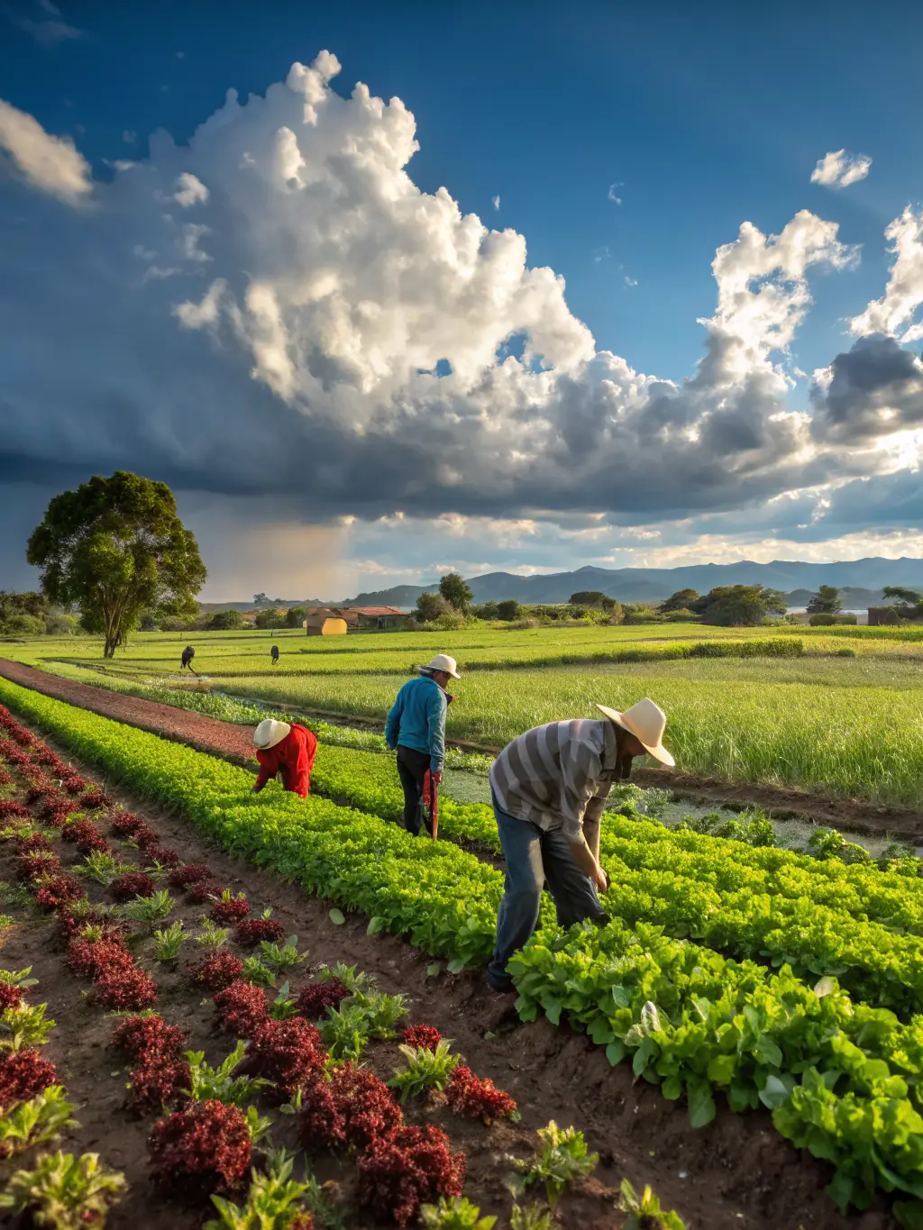 A diverse group of people from around the world are working together on a farm, harvesting crops, symbolizing international collaboration to end hunger.