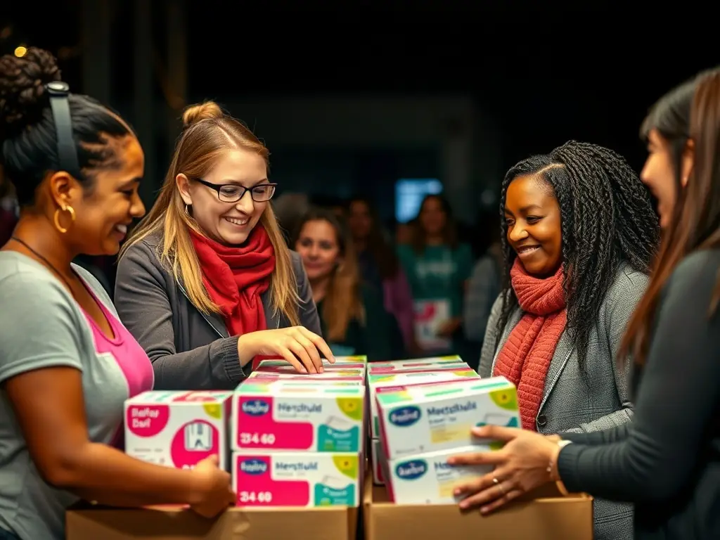 An image showcasing menstrual products being distributed to community members, emphasizing the importance of access to essential hygiene products.