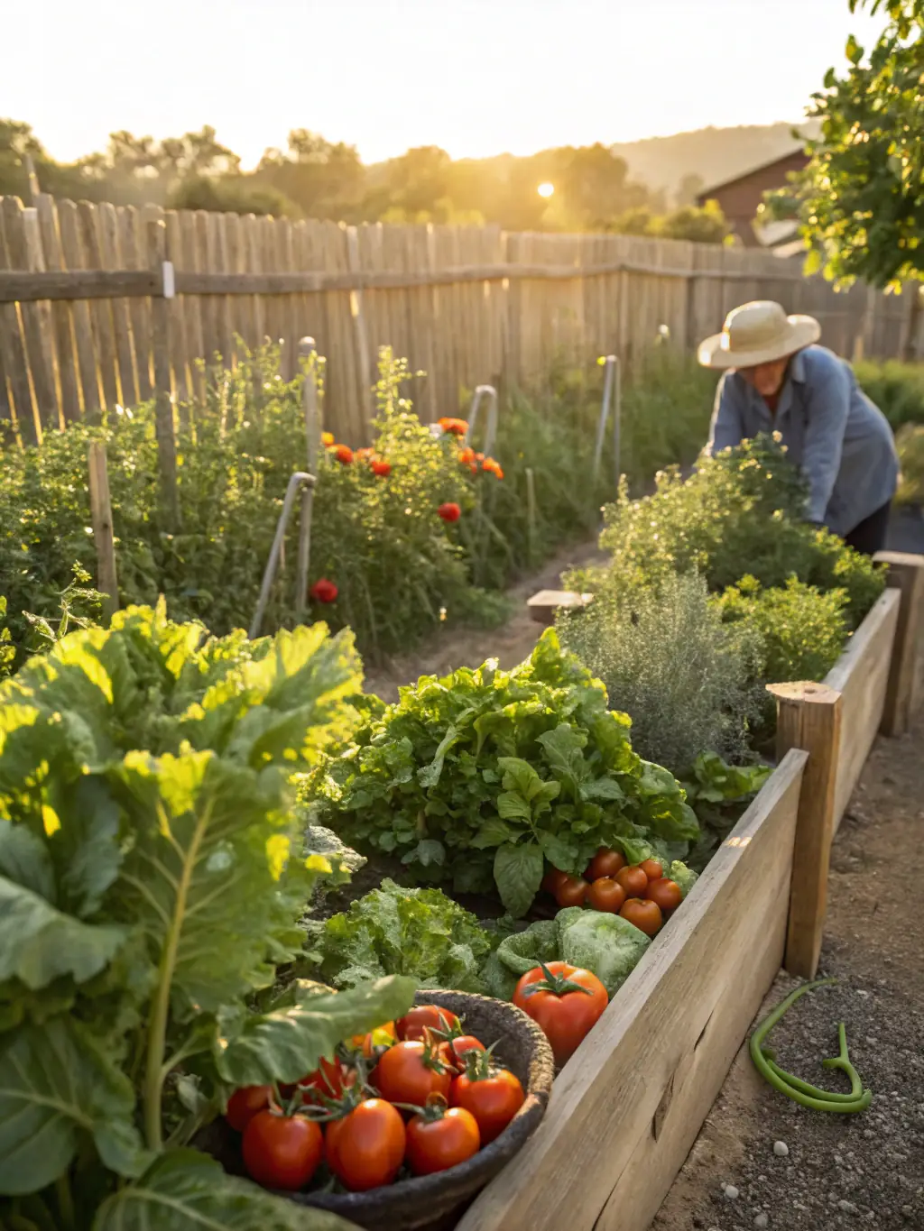A photo of a community garden, showcasing fresh produce being grown to support local food banks and pantries.