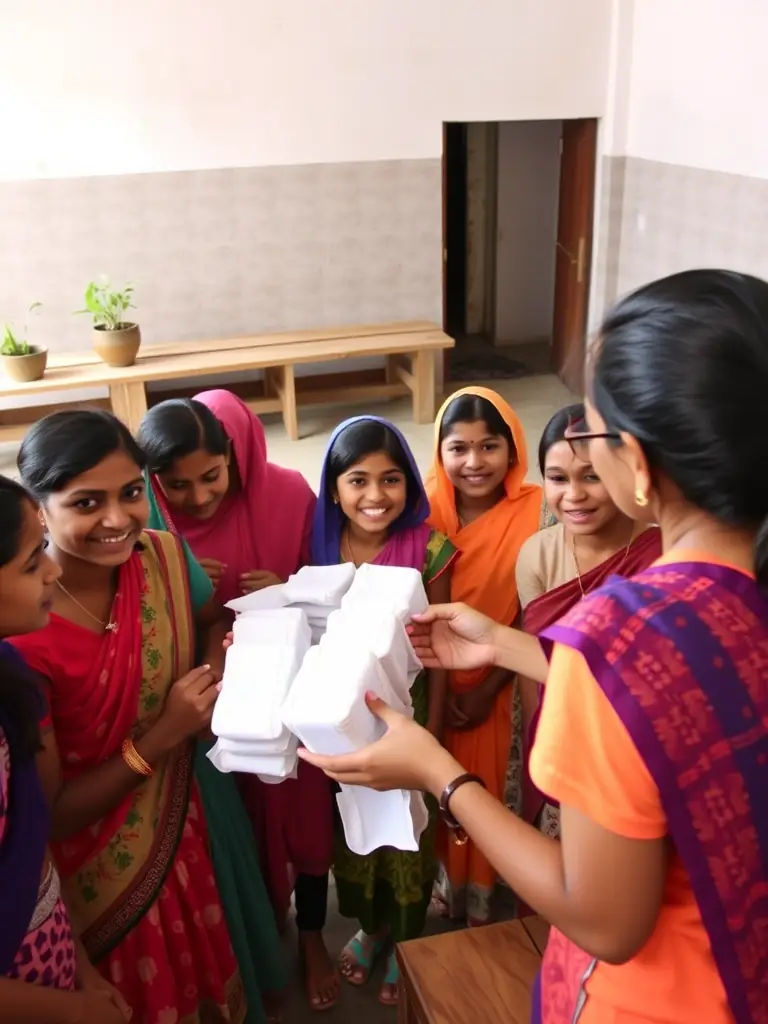 An image of menstrual products being distributed to individuals in need, emphasizing the importance of access to essential hygiene items.