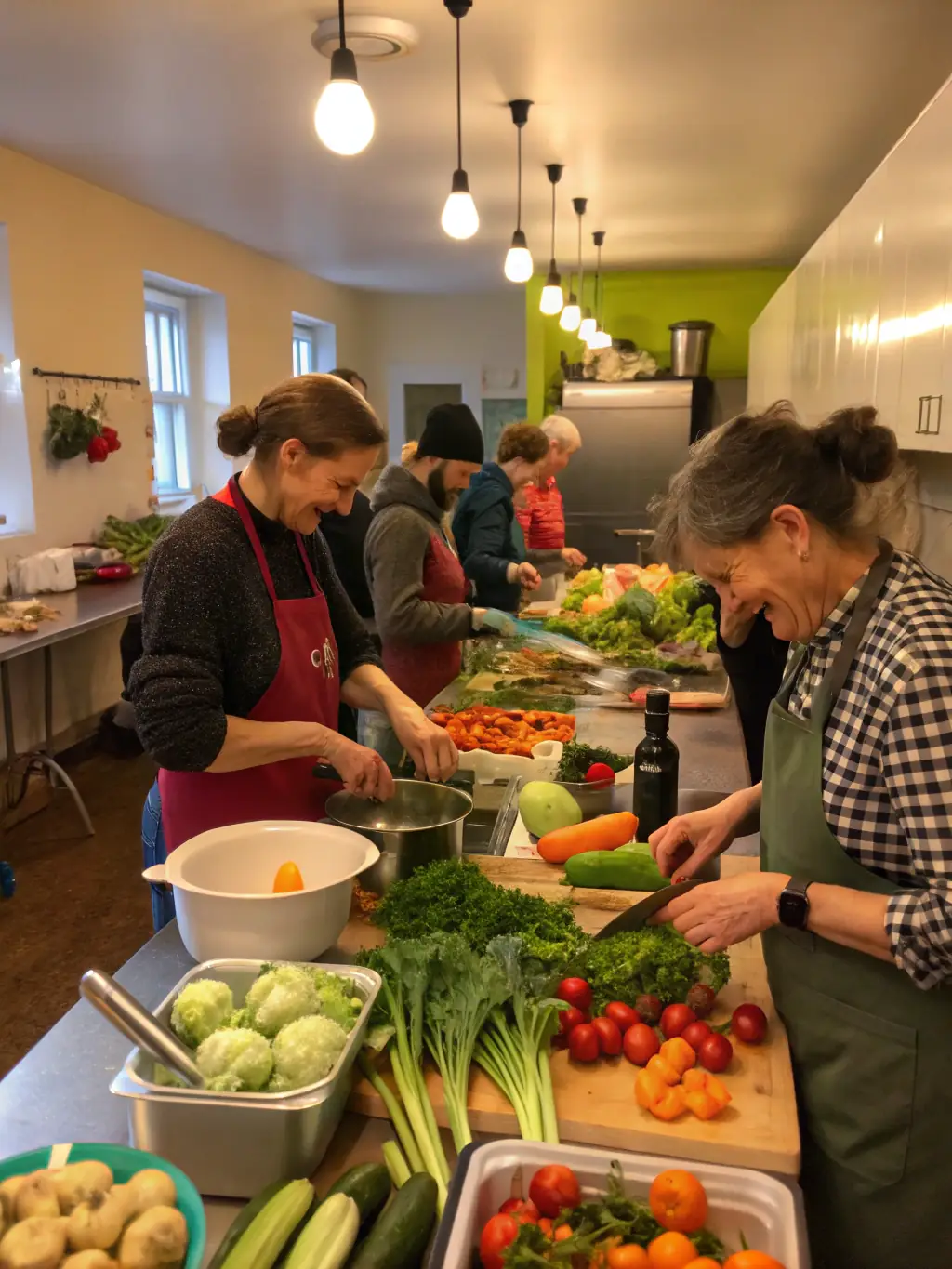 A photograph of volunteers preparing hot meals in a commercial kitchen, showcasing the Hot Meal Delivery Program in action.